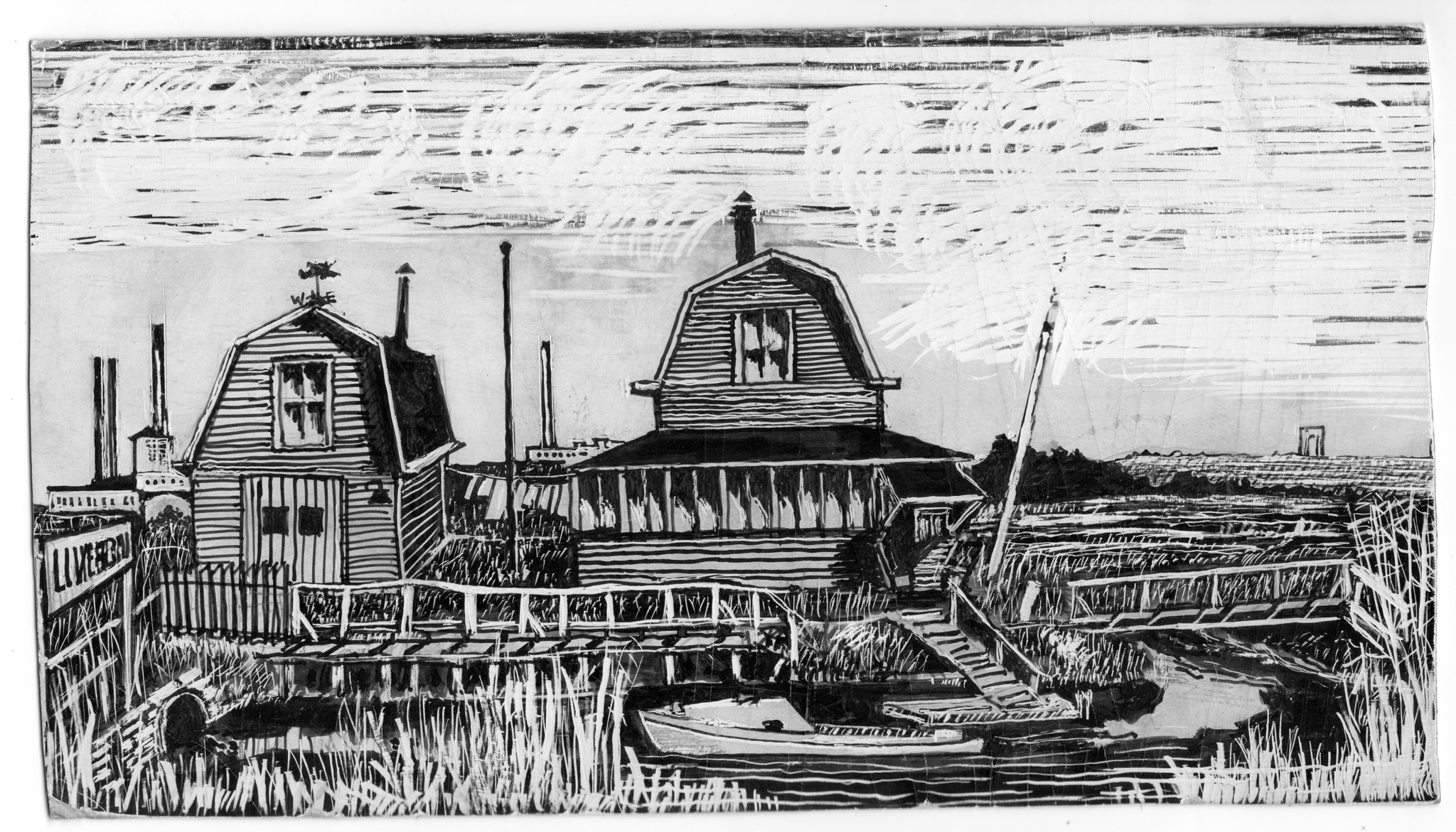 "Live Bait" sign; wood-cut print. Boat in marshland (1942).