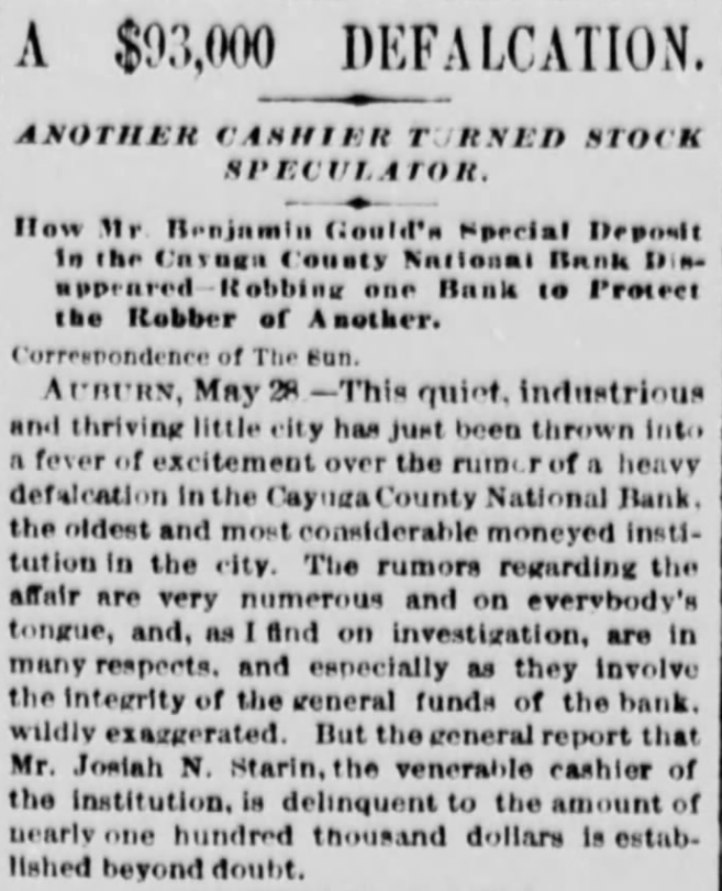 Headline and first paragraph of "A $93,000 Defalcation," New York Herald, May 30, 1873.