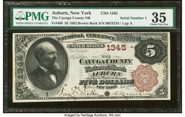 Front of a $5 note from the Cayuga County National Bank, dated 1885.
