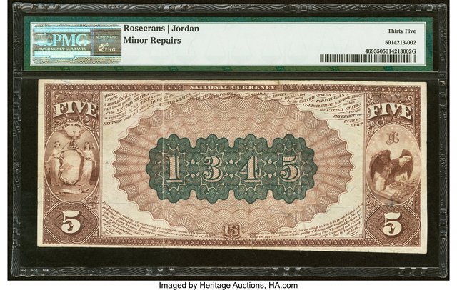 Back of the same $5 note, showing the bank's charter number, 1345.